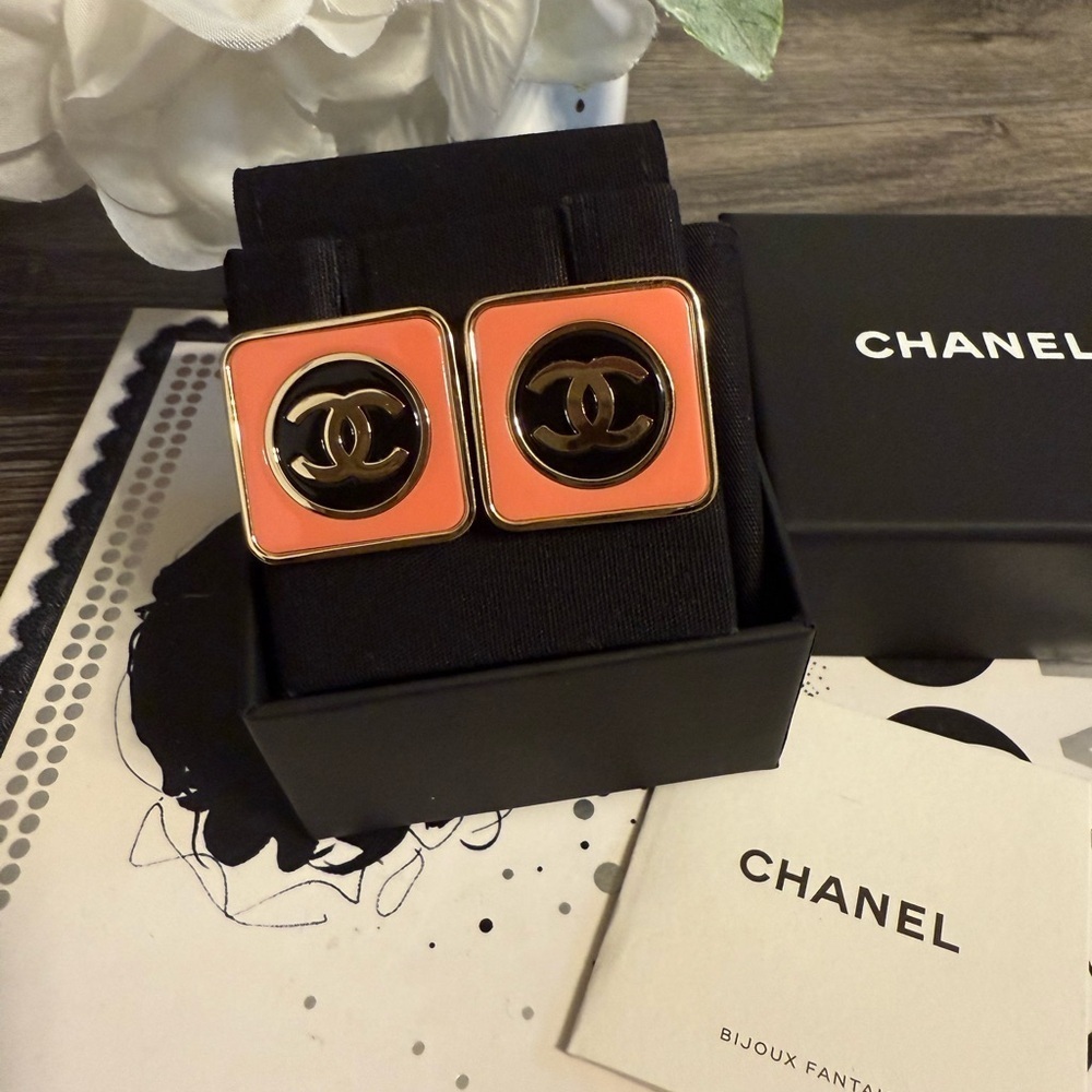 CHANEL 2023 Coral Pink Gold CC Square Stud Statement Earrings